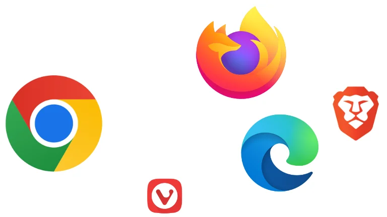 Chrome, Firefox, Vivaldi, Edge and brave browsers logos.