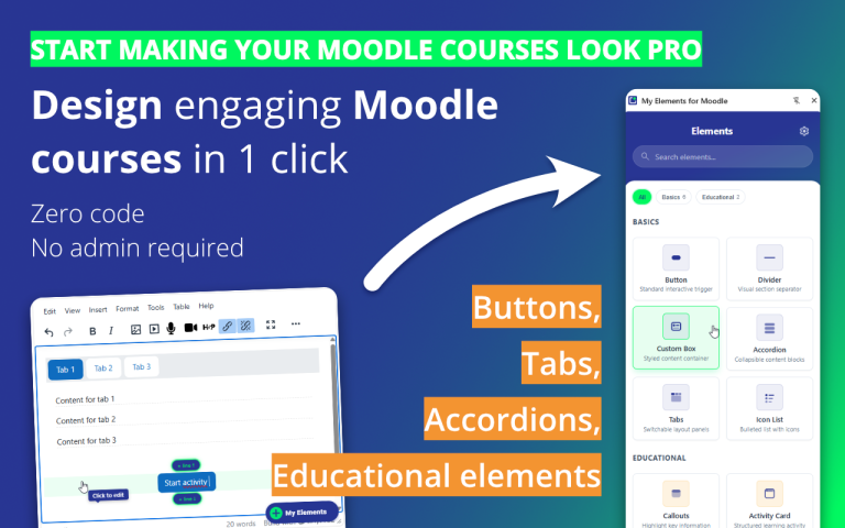 Show a Moodle standard page transformed with the My Elements sidebar