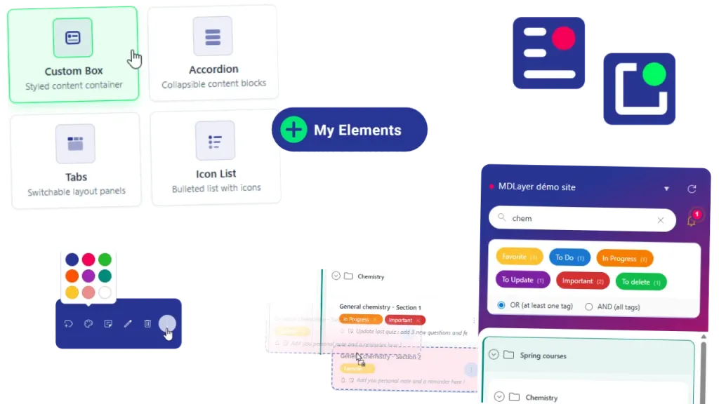 Multiple screenshot from md layer extensions : My Elements buttons and sidebar, My Organizer drag and drop and sidebar.