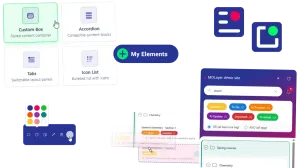 Multiple screenshot from md layer extensions : My Elements buttons and sidebar, My Organizer drag and drop and sidebar.