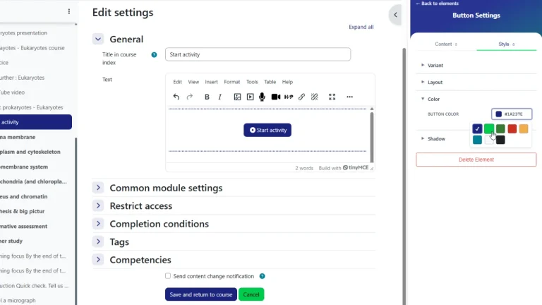 A Moodle text editor with a button with institution color.