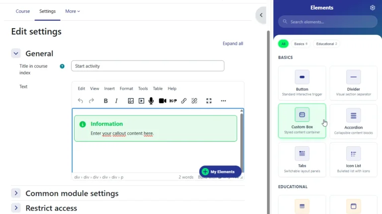 A My Elements button in text editor button and My Elements sidebar.