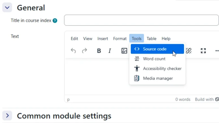 A Moodle Tiny MCE text editor with Source code menu