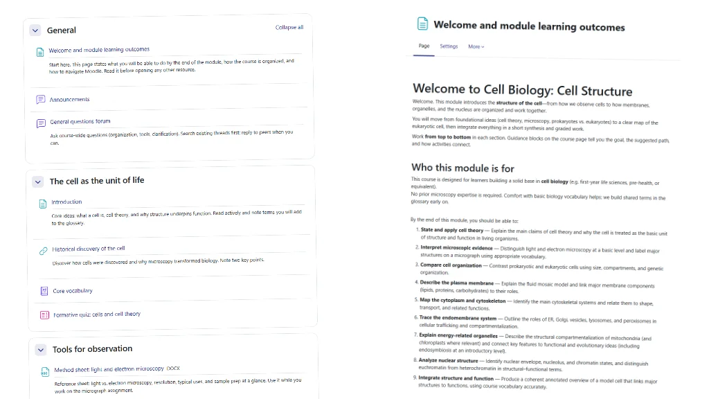 A list of links in a course page and a Page Resource with a wall of text.