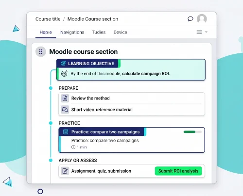 Moodle course section organized around a learning objective, preparation, practice, and assessment