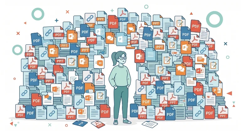 Woman in arch of too many stacked document, spreadsheet, PDF, and link icons.