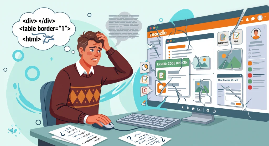 A frustrated teacher at his desk looking at broken page layouts and confusing HTML code on a computer screen.