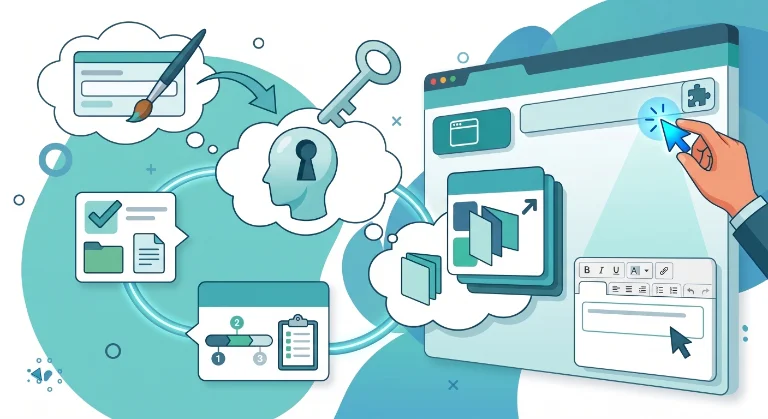 Concept illustration showing a digital workflow from creative thought to a live web page editor, using icons of a paintbrush, a locked mind, and a functional browser.