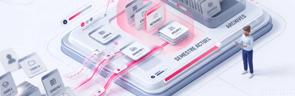 3D interface showing the dynamic sorting of course modules into an active zone and an archive tray.