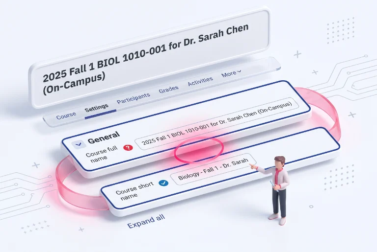 3D illustration of an instructor editing course name fields in a clean interface diorama.