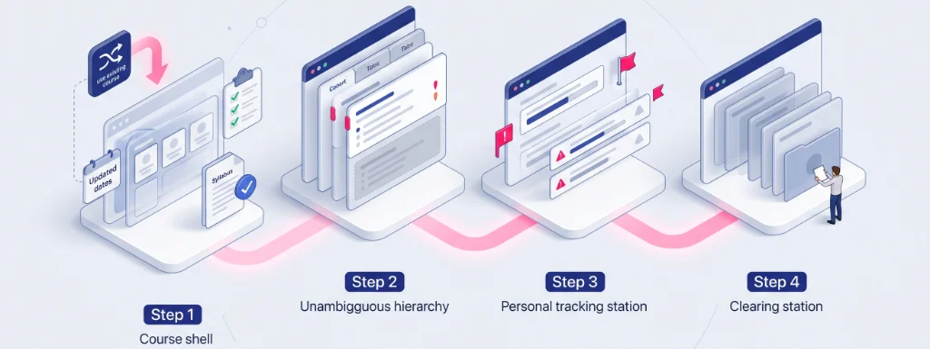 Four sequential 3D workspace modules on a white platform linked by a glowing pink line, representing the course setup, hierarchy sorting, grading progress, and final closeout stages.