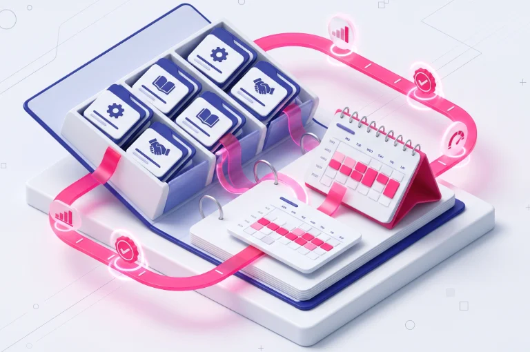 Classeur 3D ouvert avec des dossiers de cours modulaires connectés à une ligne de temps rose et un calendrier.